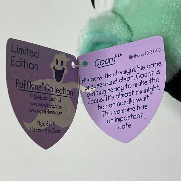 Puffkins Swibco Count Dracula Vampire Limited Edition Bean Plush Stuffed Toy NWT - Picture 10 of 11